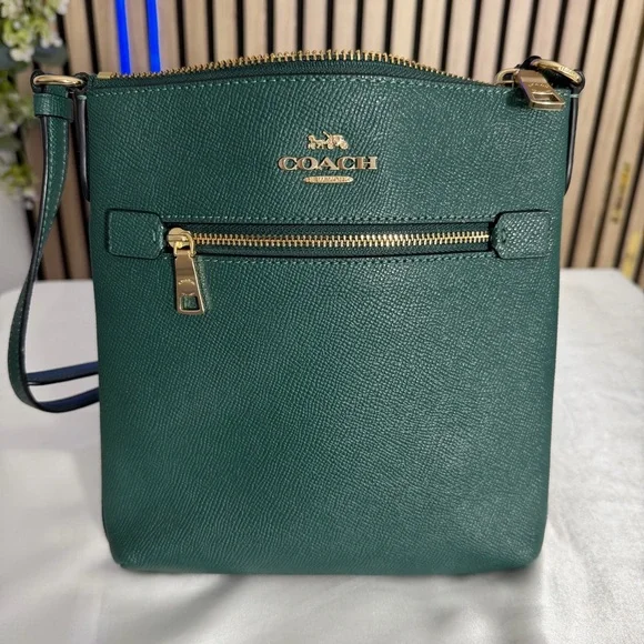 COACH Mini Rowan File Shoulder Bag in Dark Green Pebble Leather Crossbody CE871 - Picture 1 of 9